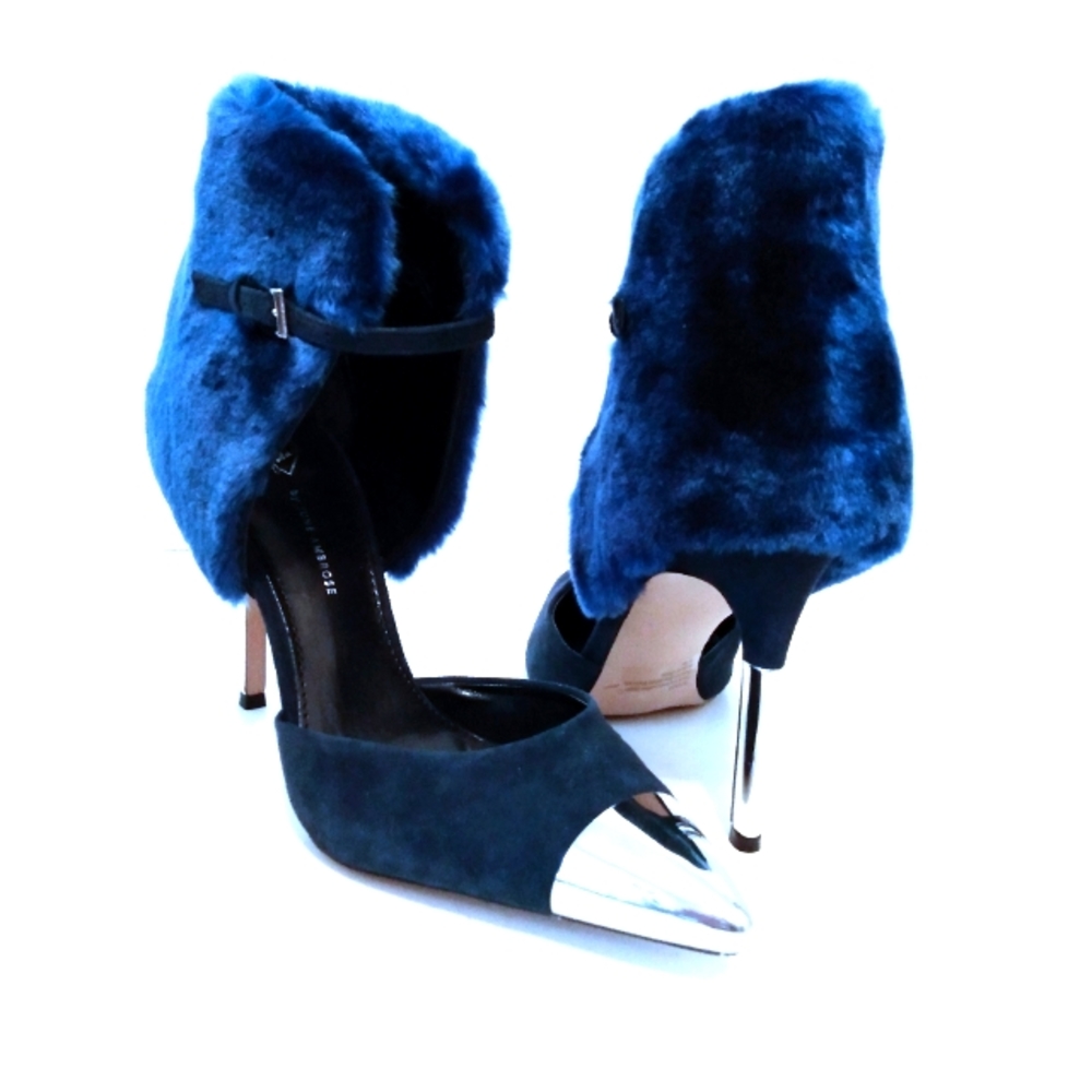 June by June Ambrose Blue Silver Faux Suede Faux Fur Point Toe 4 1/4" Heels 8 W